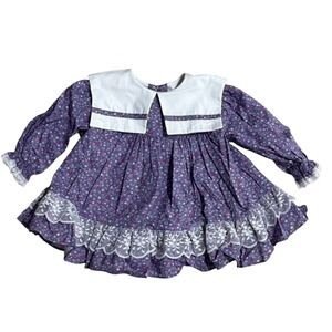 Vintage Bryan Kids Dress Purple Floral Lace Collar Long‎ Sleeve Size 12 Months